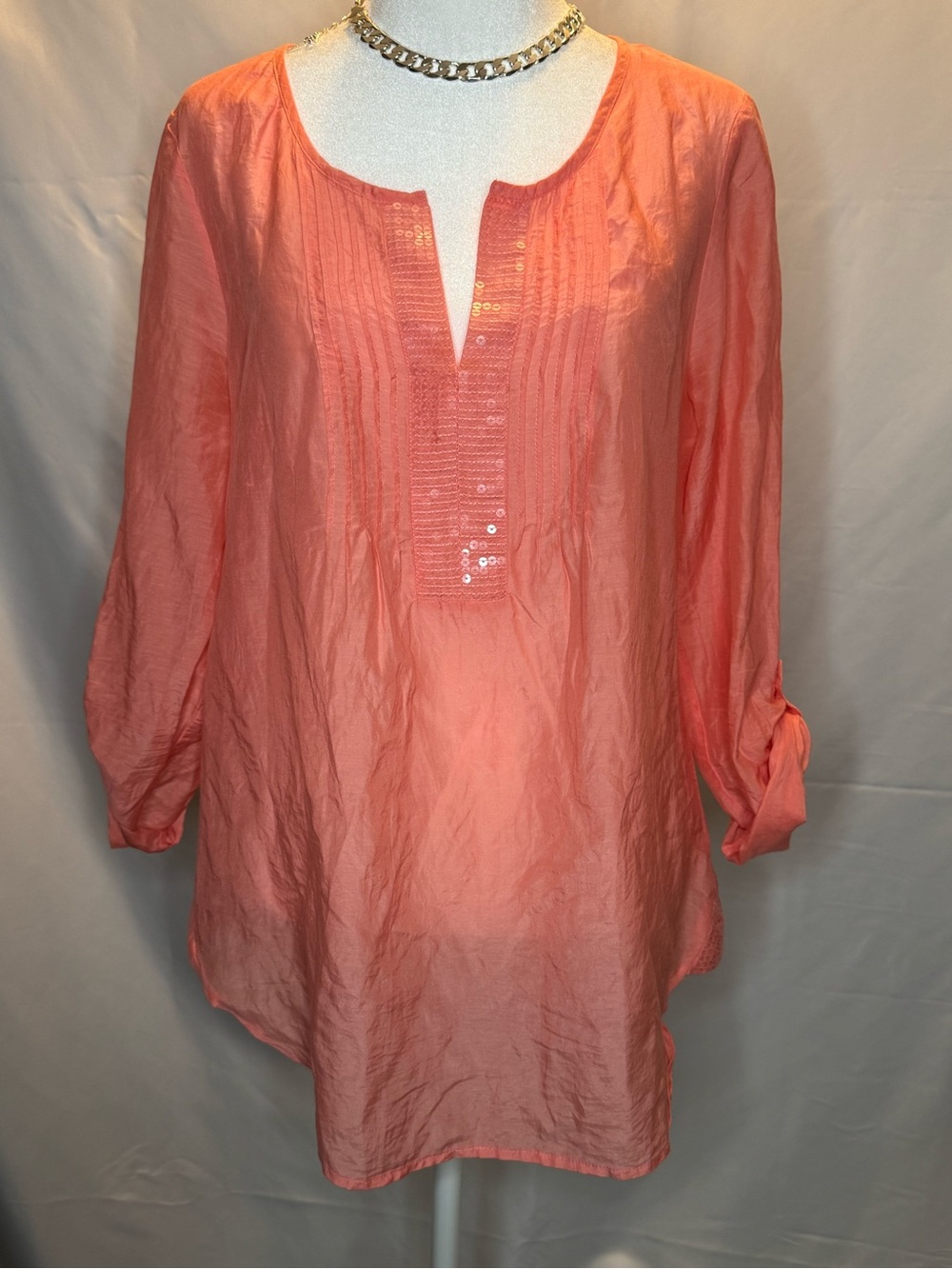 Express Coral Sequin Pintuck Tunic